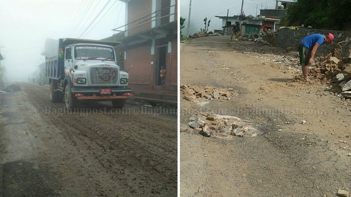 बरेङ बजारमा कालोपत्रे गरेको सडक वर्ष दिन नपुग्दै हिलाम्मे
